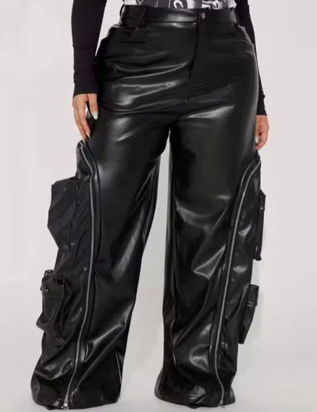Women Fashion Color Zipper Cargo Faux Leather Pants