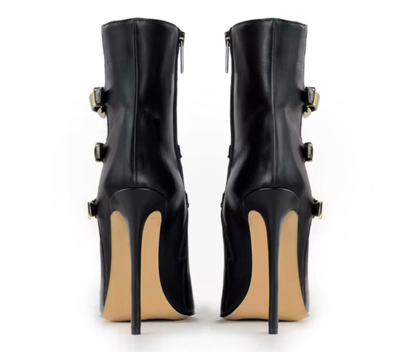 Women Fashion Pointed Toe Faux Leather Triple Buckle Ankle Boots