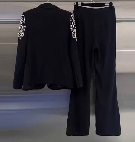 Women Black Rhinestone Full Sleeve Blazer Two Piece Pant Set