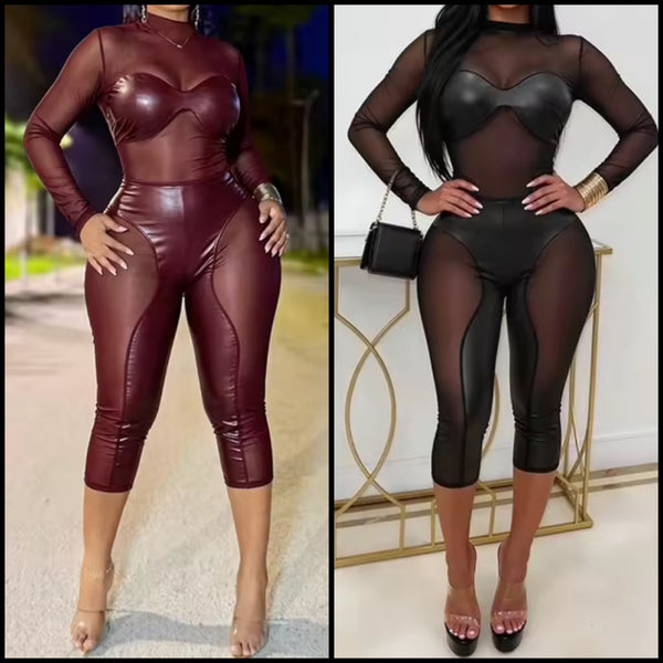 Women Sexy Fashion PU Mesh Patchwork Full Sleeve Capri Jumpsuit