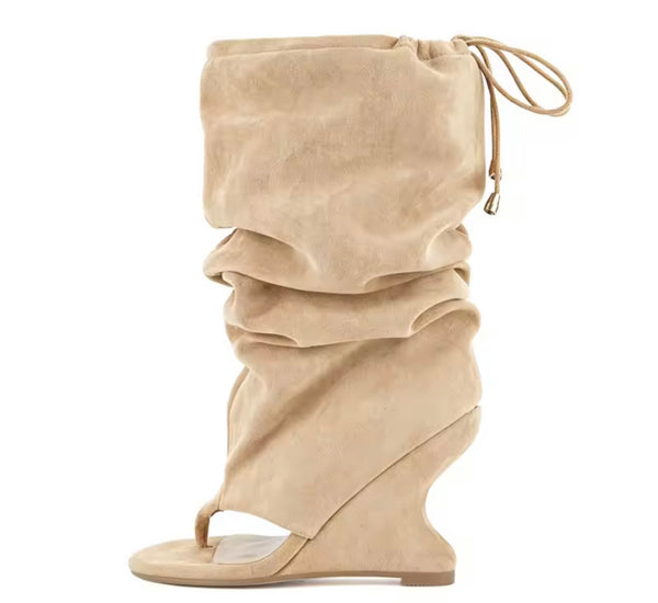 Women Fashion Suede Open Toe Wedge Ruched Drawstring Boots