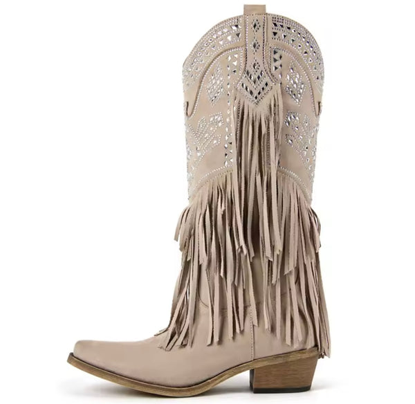 Women Fashion Suede Bling Fringe Tassel Western Boots