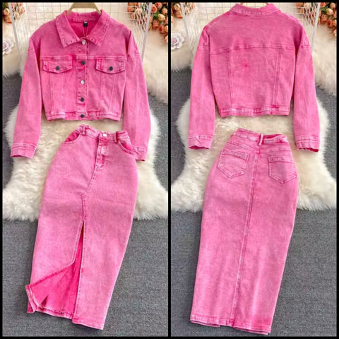 Women Sexy Fashion Pink Denim Jacket Two Piece Maxi Skirt Set