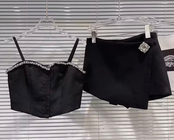 Women Fashion Black Rhinestone Sleeveless Two Piece Wrap Short Set