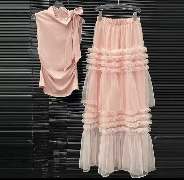 Women Ruched Bow Sleeveless Two Piece Ruffled Maxi Skirt Set