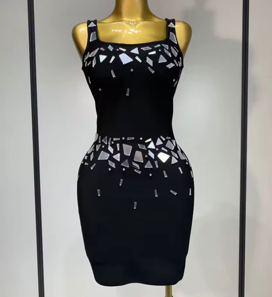 Women Black Sexy Sleeveless Mirror Back Zipper Dress