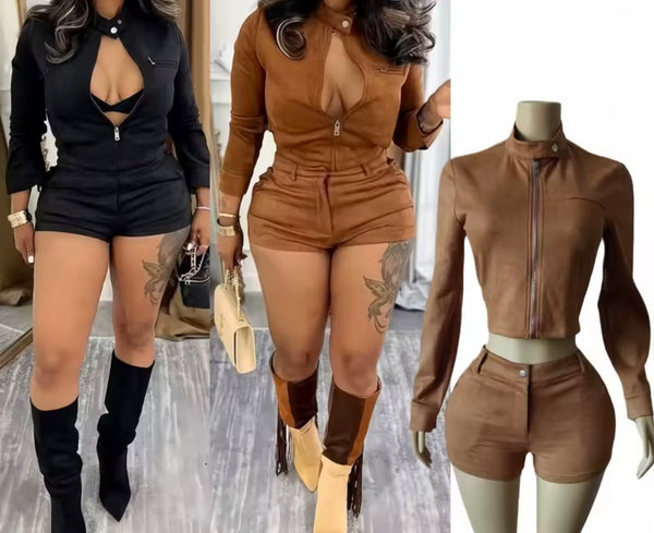 Women Suede Fashion Jacket Two Piece Short Set
