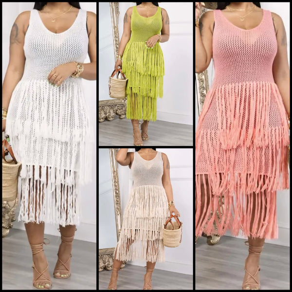 Women Sexy Sleeveless Solid Color Fringe Tassel Knitted Dress