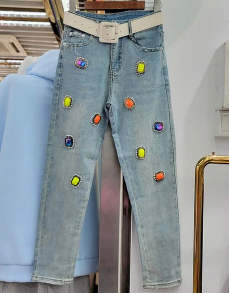 Women Fashion Colorful Gem Denim Pants