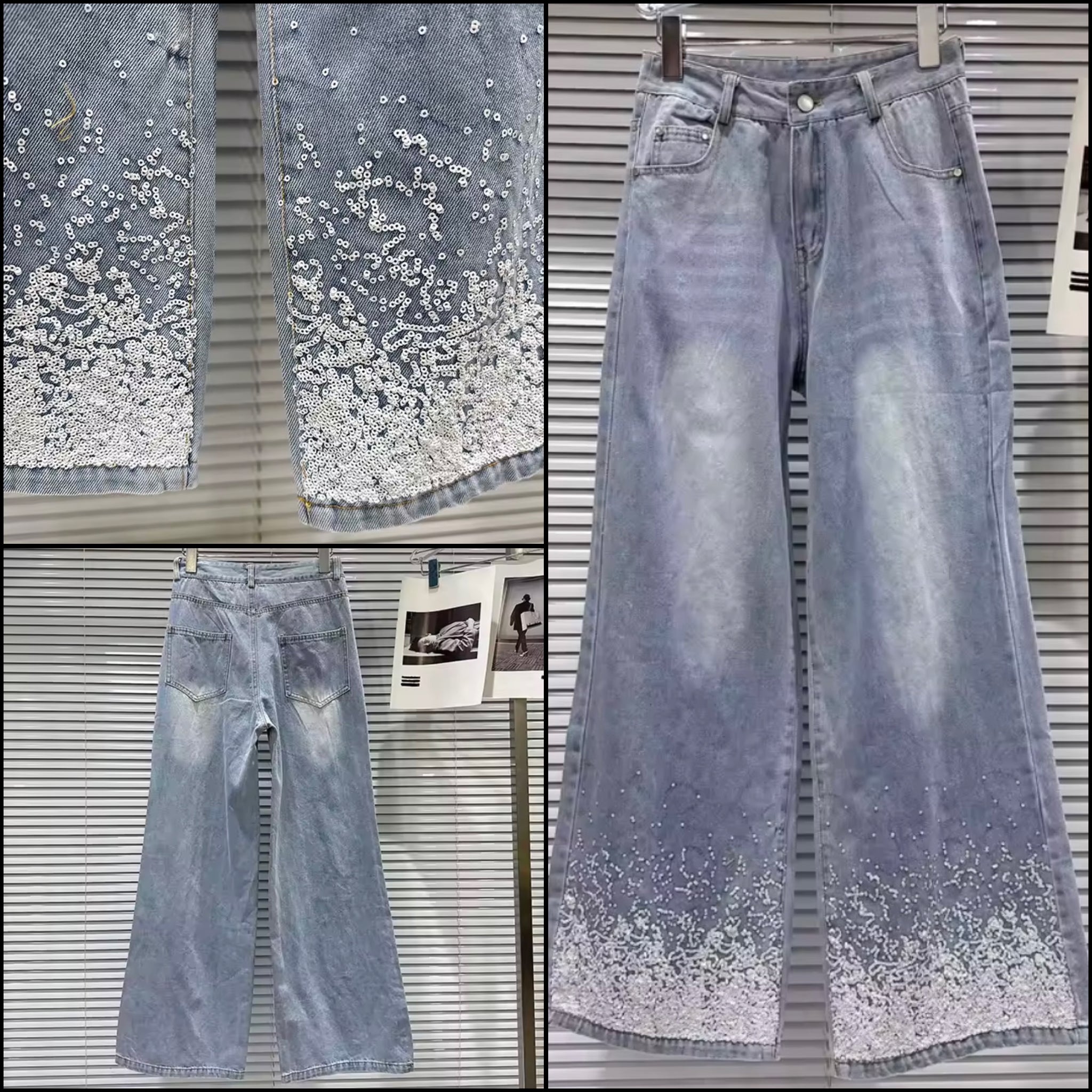 Women Fashion Blue Sequins Patchwork Denim Pants