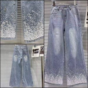 Women Fashion Blue Sequins Patchwork Denim Pants