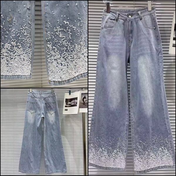 Women Fashion Blue Sequins Patchwork Denim Pants