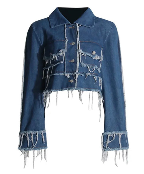 Women Fashion Fringe Denim Jacket Two Piece Color Patchwork Pant Set