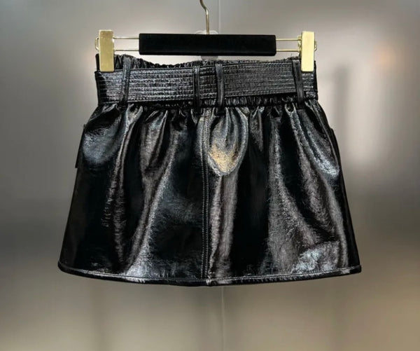Women Fashion Black PU Gold Button Skirt