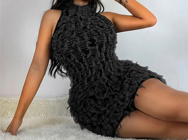 Women Sexy Sleeveless Color Fringe Mesh Dress