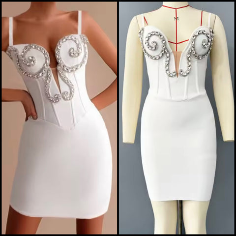 Women White Sexy Sleeveless Rhinestone Bandage Dress