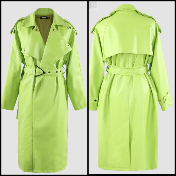 Women Fashion Faux Leather Green Belted Trench Jacket