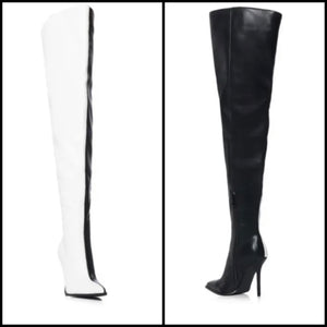 Women Fashion B&W Faux Leather Over The Knee Boots