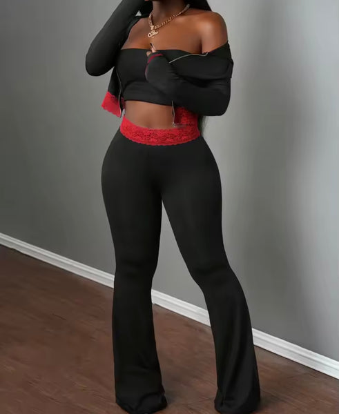 Women Color Lace Patchwork Hooded Zip Up Two Piece Pant Set