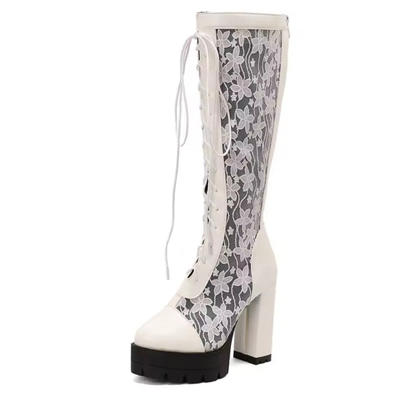 Women Fashion Color Floral Mesh Lace Up Platform Knee High Boots