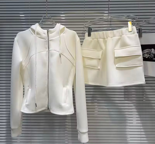 Women Fashion Zip Up Hooded Two Piece Skirt Set