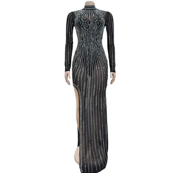 Women Sexy Black Bling Full Sleeve Mesh Maxi Dress