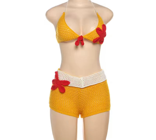 Women Sexy Halter Floral Two Piece Knitted Short Set