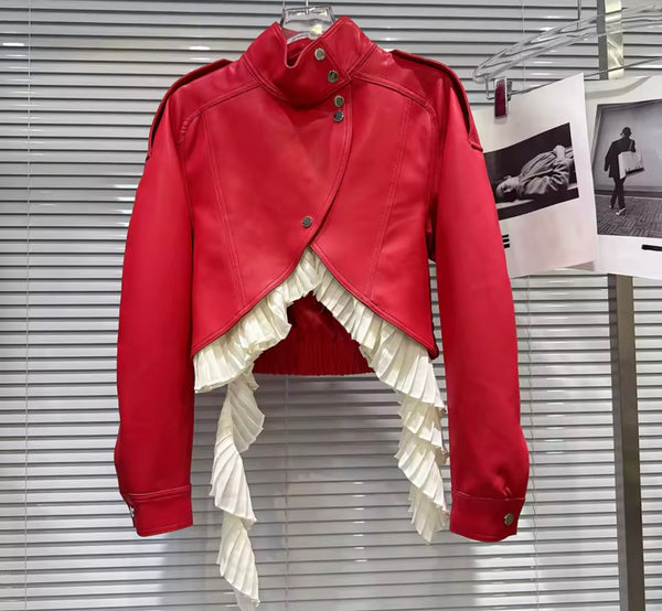 Women Fashion Ruffled Button Up Asymmetrical Faux Leather Jacket