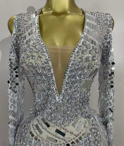 Women Sexy Crystal Mirror Mesh Full Sleeve Tassel Dress