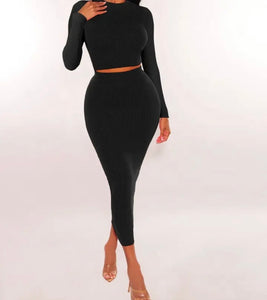 Women Ribbed Solid Color Full Sleeve Two Piece Maxi Skirt Set