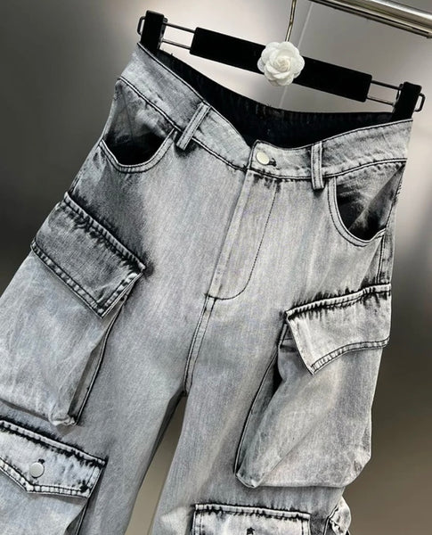 Women Gray Fashion Cargo Denim Pants