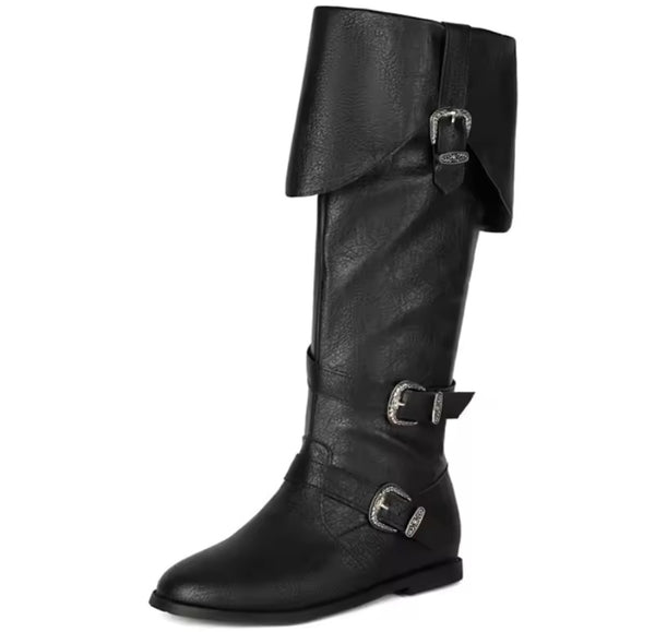 Women Fashion Buckled Knee High Flat Boots