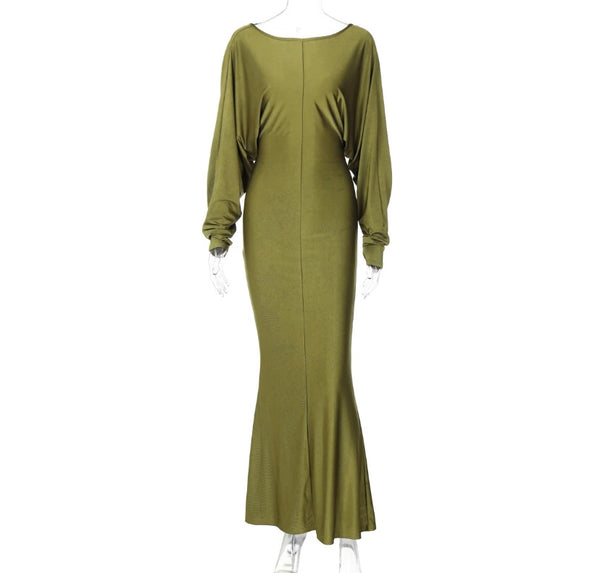 Women Sexy Solid Color Open Back Full Sleeve Maxi Dress
