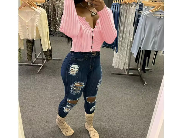 Women Pearl Button Up Ribbed Full Sleeve Fashion Crop Top