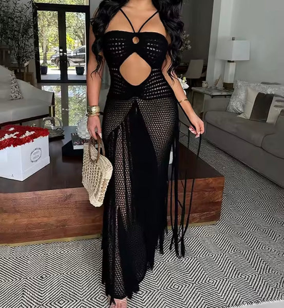 Women Sexy Halter Sleeveless Knitted Tassel Maxi Dress