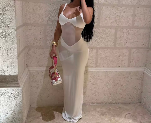 Women Sexy White Sleeveless Mesh Patchwork Maxi Dress