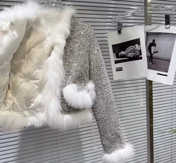 Women Fur Patchwork Sequins Fashion Tweed Jacket