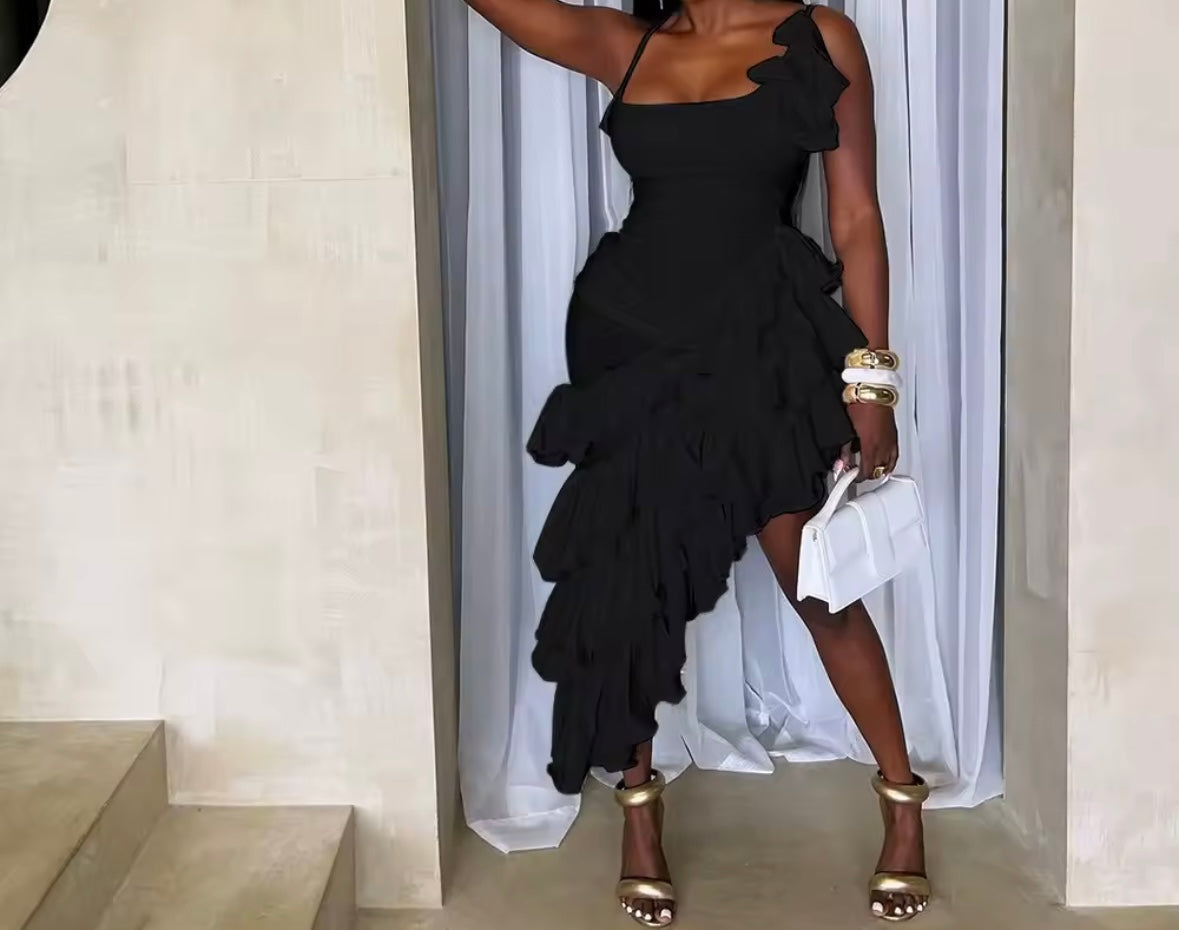 Women Sexy Sleeveless Solid Color Ruffled Asymmetrical Dress