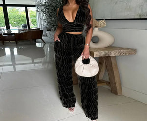 Women Sexy V-Neck Sleeveless Two Piece Pant Set