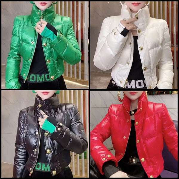 Women Fashion Gold Button PU Puff Crop Jacket