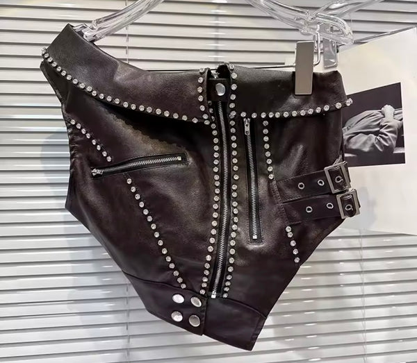 Women One Shoulder Zip Up Buckled Rhinestone Faux Leather Top