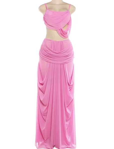 Women Pink Sexy Sleeveless Draped Two Piece Maxi Skirt Set