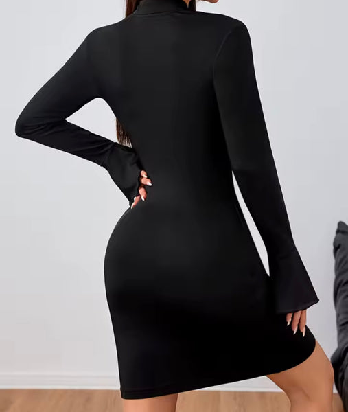 Women Black Cut Out Full Flare Sleeve Sexy Dress