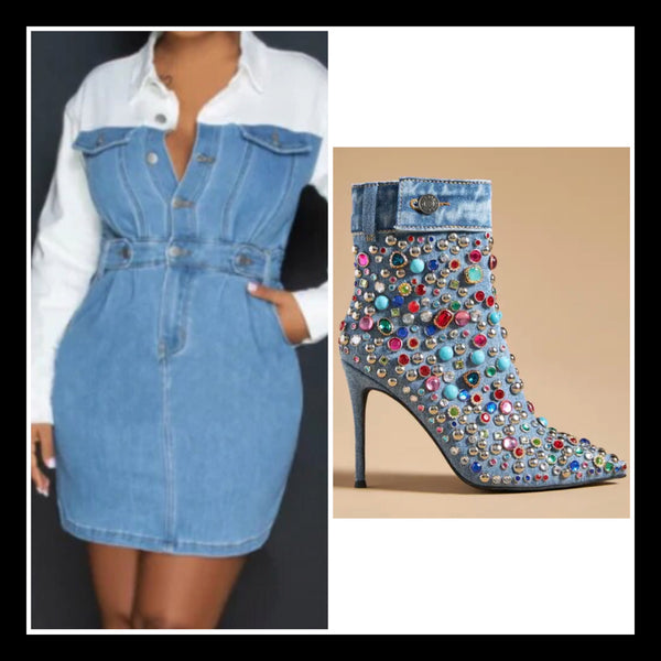 Women Colorful Gem Pointed Toe High Heel Denim Ankle Boots