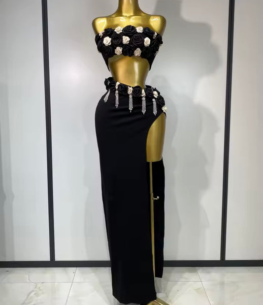 Women Sexy Strapless 3D Floral Black Bling Two Piece Maxi Skirt Set