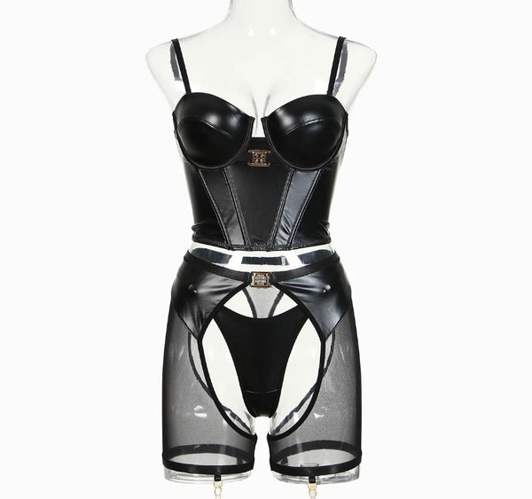 Women Black Sexy PU Mesh Lingerie Set