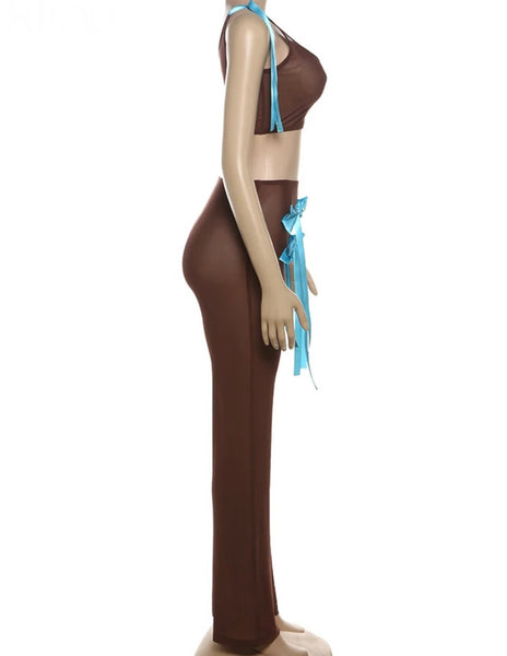 Women Brown Blue Bow Mesh Sexy Sleeveless Two Piece Pant Set