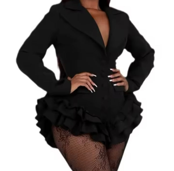 Women Sexy Black Ruffled Full Sleeve Blazer Romper