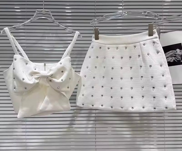 Women Sexy Sleeveless Bow Crop Two Piece Rhinestone Skirt Set