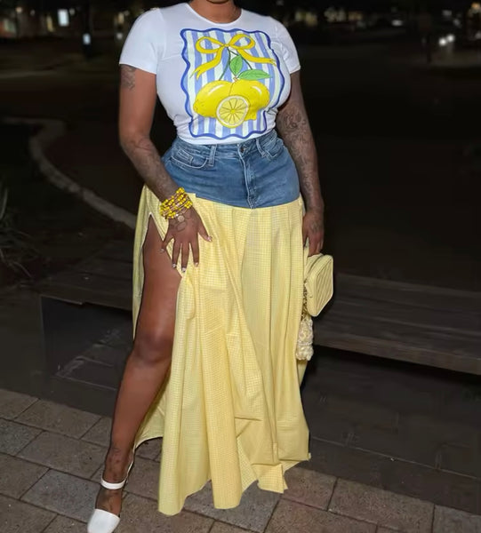 Women Fruit Print Short Sleeve Plaid Denim Two Piece Skirt Set